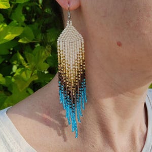 Turquoise Seed Bead Earrings Beaded Earrings Long Fringe Earrings Beige Dangle Earrings Gradient Earrings Boho Jewelry Party Earrings Charms