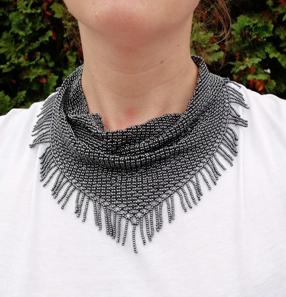 Black Multi-Strand Beaded Scarf Callar Necklace - Unbranded Boho Artistic Black Beaded Scarf Necklace with Orange Flowers Printed  main image 4