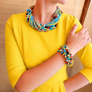 Colorful Multi Strand Seed Bead Necklace Statement Bib Necklace Handmade Boho Jewelry Bold Beaded Collar Necklace Festival Jewelry Gift image 3