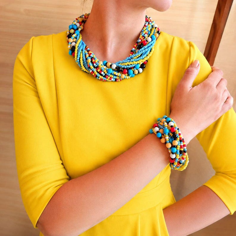 Colorful Multi Strand Seed Bead Necklace Statement Bib Necklace Handmade Boho Jewelry Bold Beaded Collar Necklace Festival Jewelry Gift image 3