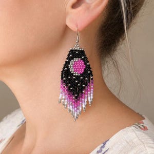Beaded Statement Earrings Black Pink Fringe Earrings Seed Bead Dangle Handmade Boho Jewelry Colorful Long Earrings Unique Gift for Her