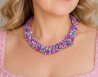Ukrainian Beaded Korali Necklace Hand Woven Colorful Seed Bead Statement Necklace Adjustable Multi Strand Folk Jewelry Festival Gift for Her