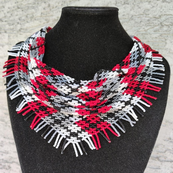Gray Beaded Scarf Fringe Necklace Seed Bead Necklace Collar  display picture 2