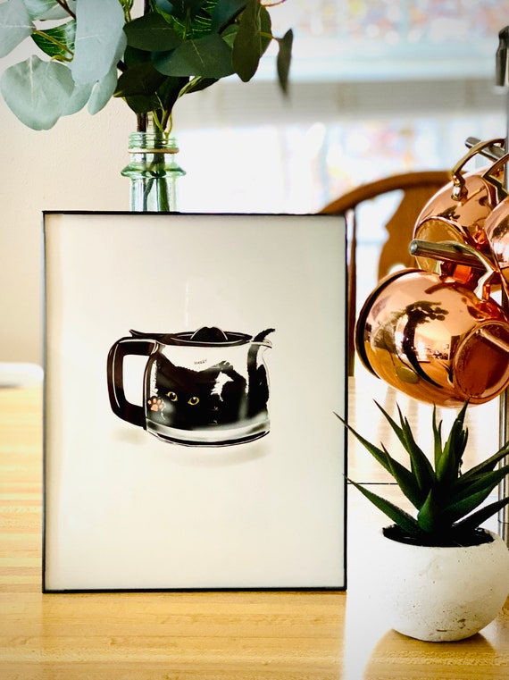 Coffee Pot Cat/ Funny Cat Art/ Hand Drawn Digital 8x10 Print Etsy