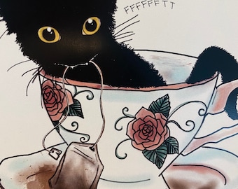 Funny Cat Kitchen Art/ Murph in a Teacup / Cat Illustration