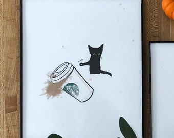 Black Cat and coffee art, Funny Black Cat art print, Coffee Art print, black cat with coffee drawing