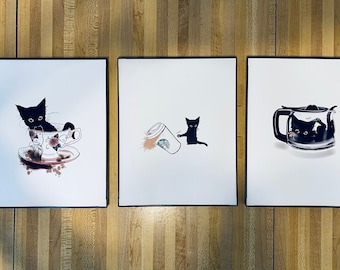 Funny Black Cat Kitchen Art 3 Pack / Coffee Tea Murph / Cute Hand Drawn Print