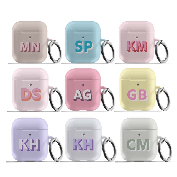 Monogram Apple Air Pods Case, Personalised Dropshadow Initials, Protective Case, Choose From 9 Colors, Keychain Carabiner