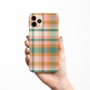 May include: A phone case with a plaid pattern in shades of pink, green, and orange.