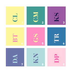 May include: Nine colorful squares with letters in a grid pattern. The squares are yellow, green, purple, yellow, pink, blue, purple, light blue, and pink. The letters are in white, yellow, and blue.