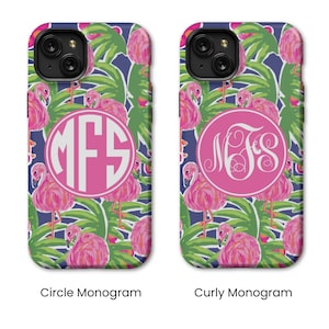 two personalized phone cases with pink flowers and a monogrammed monogram