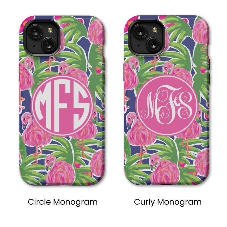two personalized phone cases with pink flowers and a monogrammed monogram
