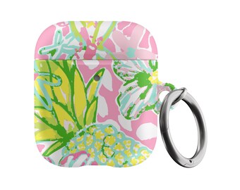 Preppy Airpod Case Preppy Pattern Airpod Case with Keychain, Pink Pineapple Airpods 1 and 2 Case, Summer Tropical Print