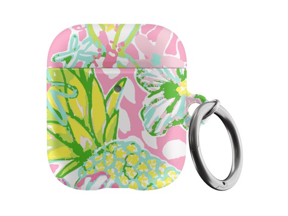 Preppy Airpod Case Preppy Pattern Airpod Case with Keychain, Pink Pineapple Airpods 1 and 2 Case, Summer Tropical Print