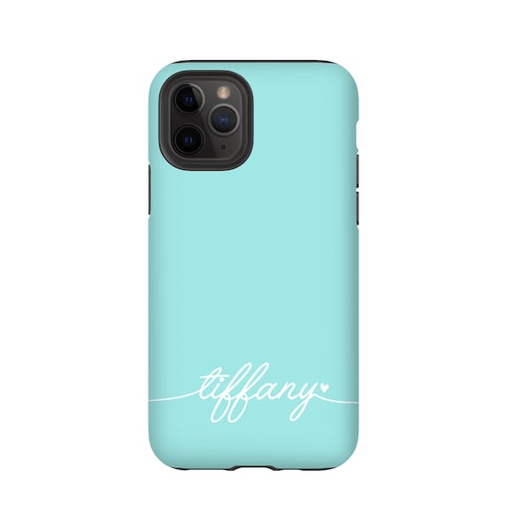 Custom Name Phone Case, Turquoise Blue Personalised Heart Cell Phone Case for Apple iPhone 13 Pro Max, Samsung, Google Pixel