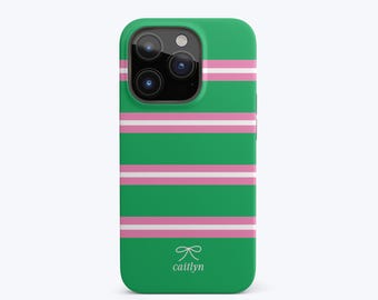 PREPPY STRIPES iPhone Case Personalized Phone Case, Pink and Green Case for iPhone 17 Pro Max. 17 Air, 16, 16e, 15 Plus, 14 | MagSafe Option
