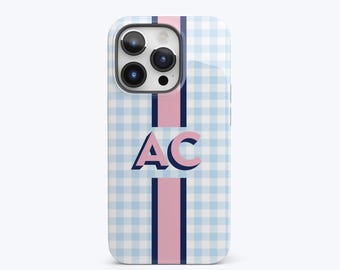GINGHAM & STRIPES Monogram Phone Case Personalized Gingham Phone Case Custom Initials Preppy Pink Stripe iPhone Case Pastel Spring Gift