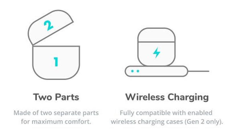 May include: Illustration of a wireless charging case for earbuds. The case is made of two separate parts, as shown in the image. The case is compatible with wireless charging cases (Gen 2 only).