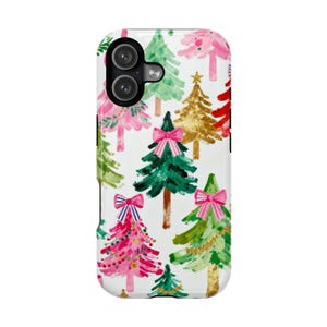 May include: A white phone case featuring a repeating pattern of colorful Christmas trees. The trees are in shades of green, pink, and gold, adorned with bows and ornaments. The case has a glossy finish and a camera cutout.