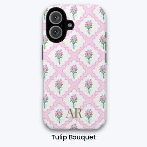 Custodia per telefono con fiori primaverili e stampa damascata / Custodia per iPhone personalizzata, estetica coquette grandmillennial, custodia con iniziale personalizzata, regalo per lei