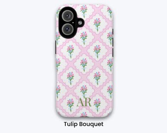 Spring Flower Phone Case with Damask Print | Personalized iPhone Case, Coquette Grandmillenial Aesthetic, Custom Initial Case, Gift for Her