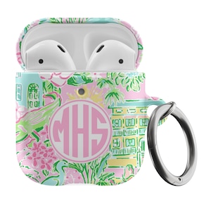Monogram Airpod-hoesje Pro Preppy Air Pod-hoesje gepersonaliseerd tropisch patroon 1e 2e generatie zomer esthetische bloemenprint hoes, sleutelhanger