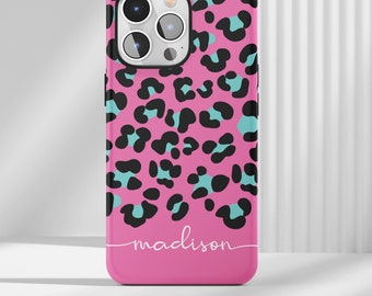May include: Pink phone case with a black and teal leopard print pattern. The case has a glossy finish and the name "madison" is written in a cursive font at the bottom.