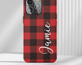 Custodia per telefono scozzese Buffalo personalizzata, custodia per iPhone 12 scozzese rossa e nera, custodia per iPhone scozzese invernale con nome, custodia per iPhone 12 Pro, 12 Mini