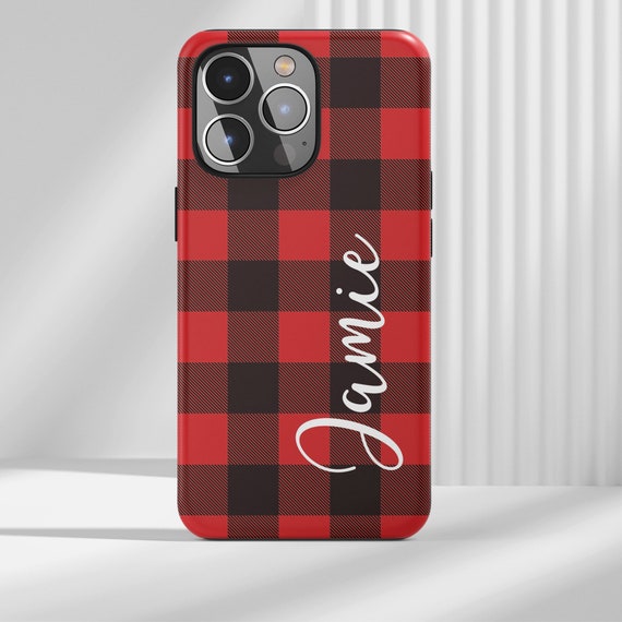 Personalized Christmas iPhone Case Plaid Phone Case Custom Name Buffalo Plaid Holiday Case for iPhone 17 Pro Max 17 Air 16 Plus 15 Samsung