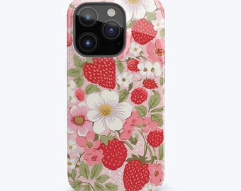 STRAWBERRY BLOOM Phone Case | Cottagecore Floral Print in Pink & Red, For iPhone 16 Pro Max, 16, 15 Plus, 14 Pro, 13 Mini MagSafe Option