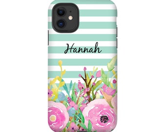 Custom Iphone 11 Case, Floral Phone Case, Iphone 11 Case Personalized, Iphone 11 Pro Max Case with Name, Purple Pink Flowers Tough or Slim