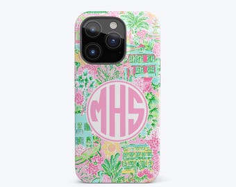 Funda para teléfono con monograma PALM BEACH / Estampado tropical costero preppy, para iPhone 16 Pro Max, 16e, 15 Plus, 14 Pro, 13, 12 Mini (opción MagSafe)
