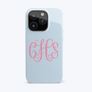 Telefoonhoesje met monogram Preppy iPhone-hoesje blauw Seersucker-patroon strepen Gepersonaliseerd telefoonhoesje met monogram zomerstijl