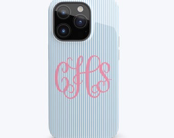 Monogram Phone Case Preppy iPhone Case Blue Seersucker Pattern Stripes Personalized Monogrammed Phone Case Summer Style