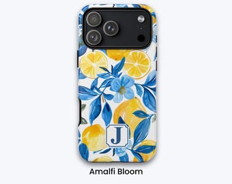 Lemon Phone Case Personalized iPhone Case | Italian Summer Coastal Blue Floral Phone Case, Mediterranean Aesthetic, Euro Summer