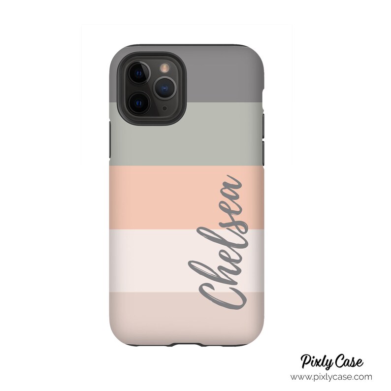 May include: A gray, white, and pink striped phone case with the name "Chelsea" written in gray script on the right side.