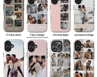 Puede incluir: Colección de fundas de teléfono personalizadas con varios collages de fotos. Los diseños incluyen un corazón de 5-6 cajas, un collage de 7 cajas, una tira de película, un collage de banda baja, una foto, centro bajo, collage disperso y corazón de 7 cajas.