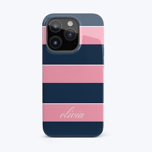 May include: A navy blue and pink striped phone case with the name "Olivia" in a cursive font. The case has a glossy finish and a camera cutout.