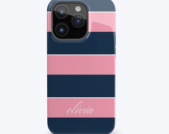 Preppy Monogramm Handyhülle Rosa und dunkelblau Streifen Name Handyhülle für iPhone 17 16 15 14 13 12 Pro Max Plus Samsung S25 Ultra & Google Pixel