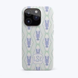 Coquette Lobster-telefoonhoesje met monogram – preppy zomer telefoonhoesje met initiaal, blauwe kreeftenprint, nautisch kustcadeau voor millennial