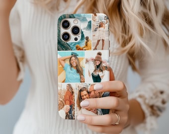 May include: A white phone case with a collage of photos printed on it. The photos show people in various settings, including a beach, a city street, and a park. The case has a clear back and a white border around the photos.