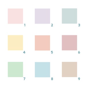 May include: Nine color swatches in a grid pattern. The colors are: light pink, light purple, light blue, yellow, peach, light pink, light green, light blue, and beige.