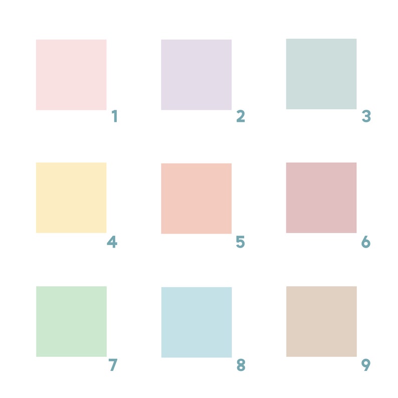 May include: Nine color swatches in a grid pattern. The colors are: light pink, light purple, light blue, yellow, peach, light pink, light green, light blue, and beige.