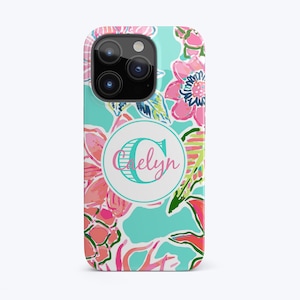 May include: A turquoise and pink floral phone case with a white circle containing the letter C and the name "Celyn" in pink script.