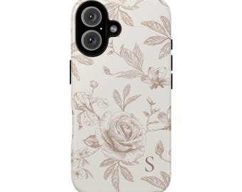 Neutral Rose Toile Phone Case Personalized | Floral iPhone Case with Initial for iPhone 17 Pro Max 16 16e 15 Plus More, Old Money Aesthetic