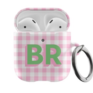 Monogram Apple Air Pods-hoesje, preppy esthetiek, roze pastel aangepaste Airpods, gepersonaliseerde Airpods-hoesje, sleutelhanger beschermhoes