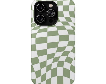 Sage Green Warped Checkered Pattern Phone Case, Checkerboard Design iPhone 15 14 13 12 Pro SE Tough Case, Samsung Galaxy S22 Ultra Plus Cove