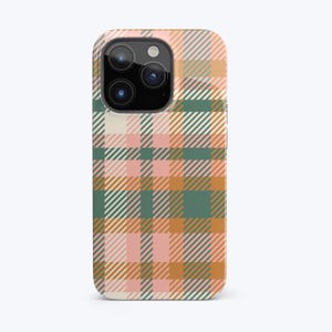 May include: A phone case with a plaid pattern in shades of pink, orange, green, and white.