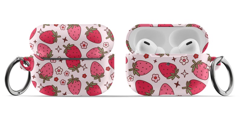 May include: A pink and white Airpods case with a strawberry pattern and a silver keychain.