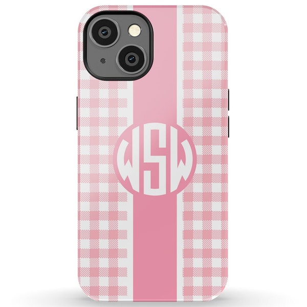 Monogram Phone Case, iPhone 13 Case, Pink Monogram iPhone 13 Pro Case, Monogram iPhone 11 Pro Max Case, Pink Gingham, Monogram Gift